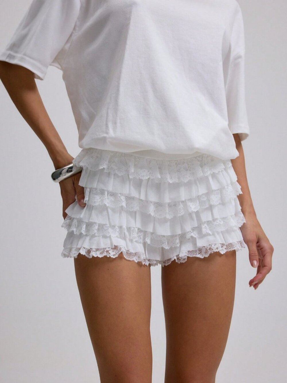 White Casual Women's Lace Trim Frilly Ruffled Mesh Micro Shorts